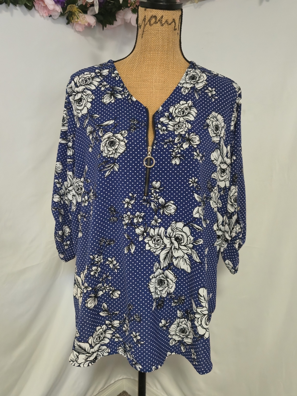 Women’s Blue Floral Zip-Neck Blouse